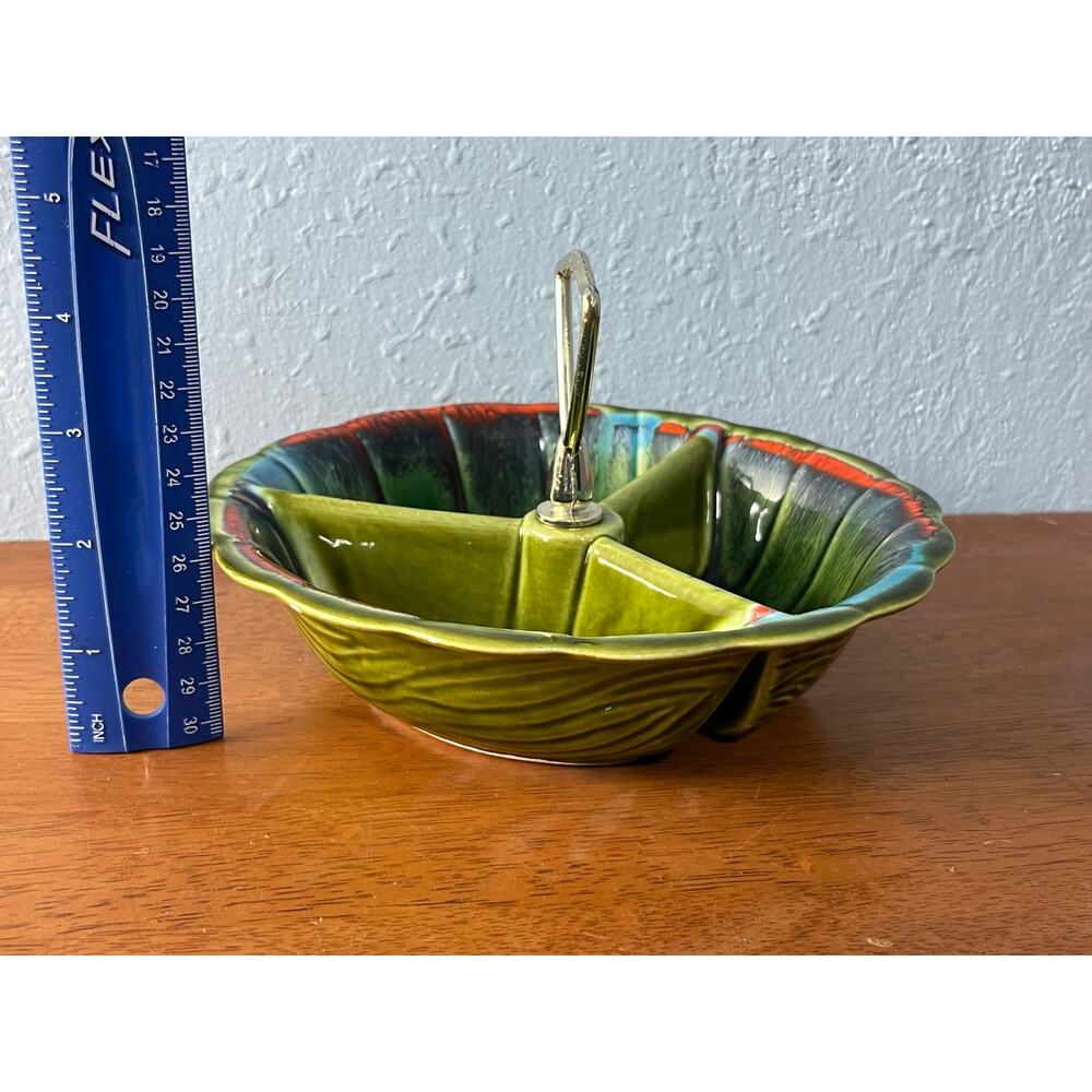 VTG California Originals Divided Relish Dish Retro Green Drip Glaze MCM USA - Picture 5 of 7